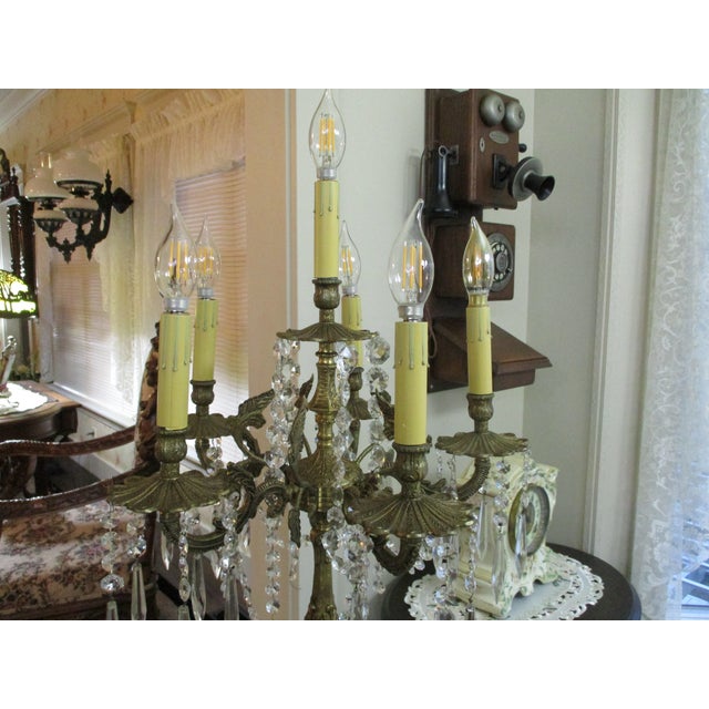 1930s Huge Heave Antique Fancy Brass Art Nouveau Lamp Crystal Prisms , Crystal Chain 6 Lights Adorned With Angel Wings For Sale In South Bend - Image 6 of 13