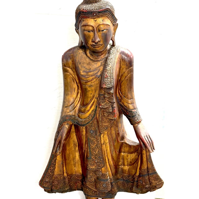 Monumental Giltwood Standing Buddha with Lotus Base, Burma, Late 19th Century For Sale - Image 12 of 18