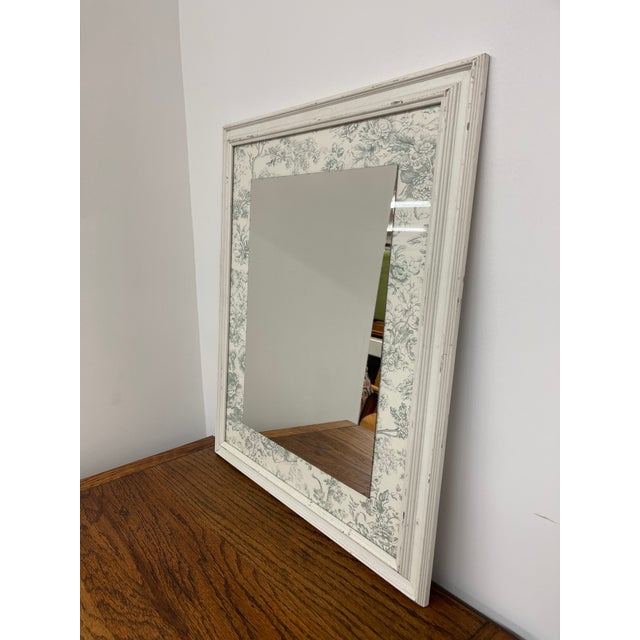 1970s Vintage Floral Toile Mirror With Distressed White Wood Frame For Sale - Image 5 of 11