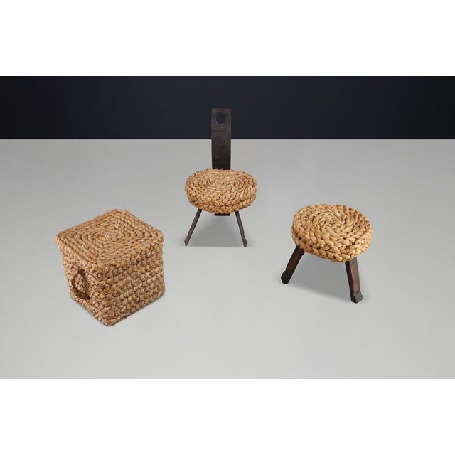 Vintage French Rope Chair with Stool and Basket from Audoux Minet, 1960s, Set of 3 For Sale - Image 6 of 15