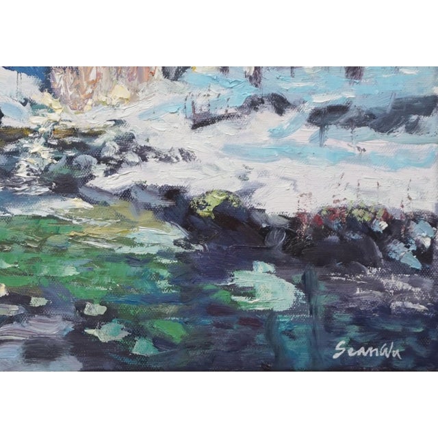 Original oil landscape by Sean Wu, The stream in the winter pine forest flows quietly.