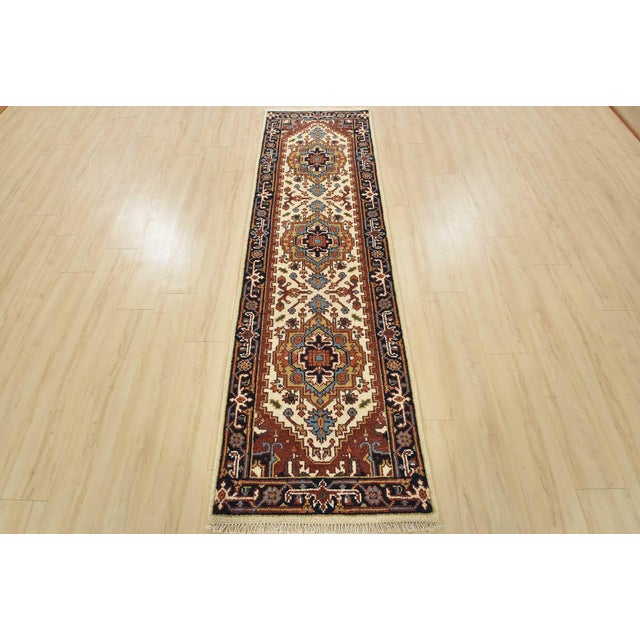 Tribal Heriz Runner 2’6” X 8’7” Ivory Wool Tribal Hand-Knotted Oriental Rug For Sale - Image 3 of 13