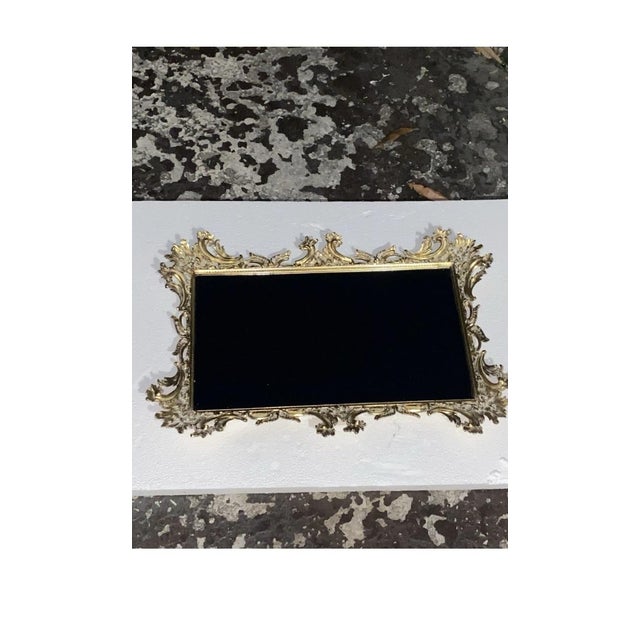 Ornate Gilt Metal Framed Mirrored Vanity Tray With Rococo-Detailing. Ornate Rococo-Style Gilded Cast Metal Table Mirror. For Sale - Image 9 of 11