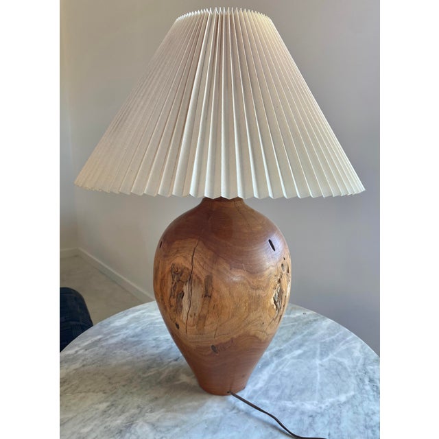 Carved Turned Wood Log Artisan Rustic Lamp + Pleated Shade For Sale - Image 9 of 18