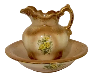 Antique Wedgwood Gilt Parcel Ware Queensware Pitcher & Basin- 2 Pieces