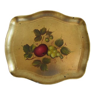 Hand-Painted Gold Leaf Tray With an Apple and Grapes. For Sale