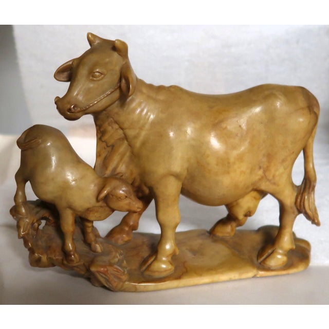 Japanese Yellow Jasper Hardstone Carving of a Cow and Calf For Sale - Image 4 of 16