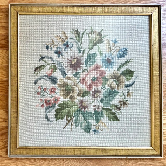 Wood Late 20th Century Floral Needlepoint Textile, Framed For Sale - Image 7 of 7