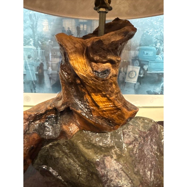 Large Mid-Century Studio Craft Burl Root & Unakite Stone Lamp With Organic Fiber Shade — 16” For Sale - Image 14 of 17