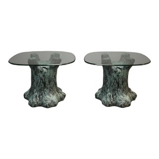 Pair of Sculptural Patinated "Tree Trunk" Side Tables With Glass Tops For Sale