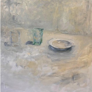 Transparent Solidity by Jeanine Sobell Pastore | Oil on Board Still life of glasses and a plate For Sale