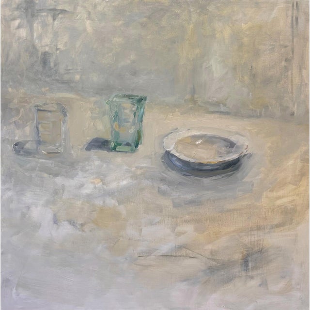 Transparent Solidity by Jeanine Sobell Pastore | Oil on Board Still life of glasses and a plate For Sale