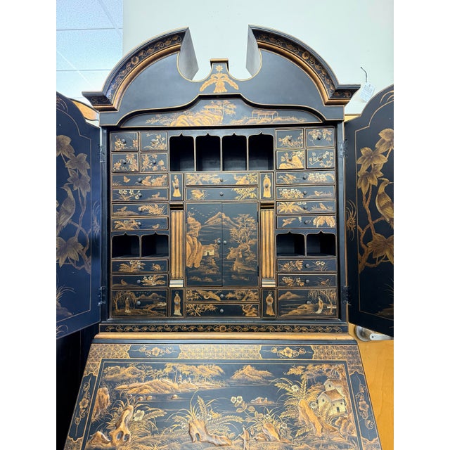 Burton-Ching Chinoiserie Black Lacquered and Hand Painted Gilt Decorated Secretary Desk For Sale In New York - Image 6 of 11