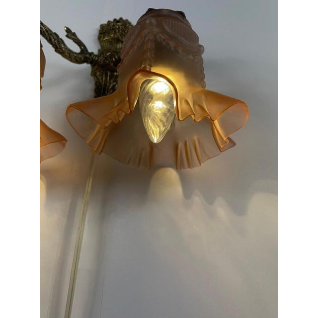 Antique Art Deco Wall-Mounted Lamp with Brass Base and Pink Satin Glass Shades For Sale - Image 10 of 11