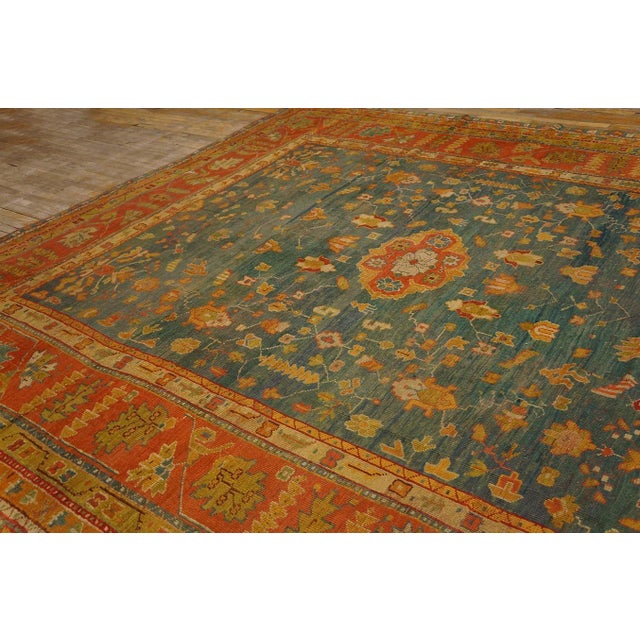 Brown Marvelous Sky Blue Ground Color Medallion/Crest Pattern AntiqueTurkish Oushak Rug For Sale - Image 8 of 12