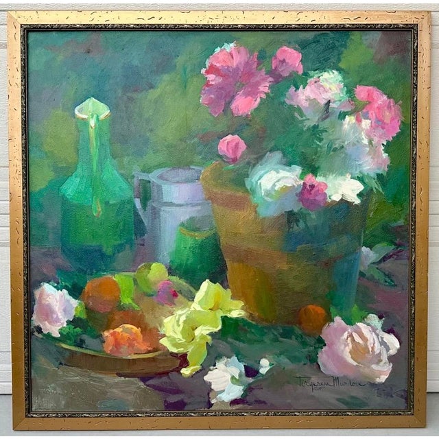 Wood 1999 Large Torgesen Murdock “Still Life W/ Peonies & Summer Fruit” Oil on Board For Sale - Image 7 of 18
