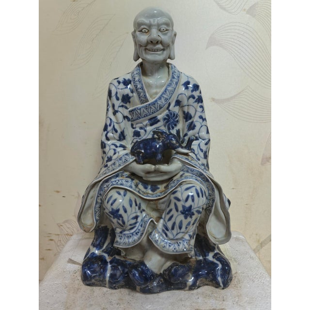 Blue Chinese Vintage Ceramic Buddhist Sculpture,Hand Carved Blue and White Porcelain the Eighteen Arhats Statue For Sale - Image 8 of 10