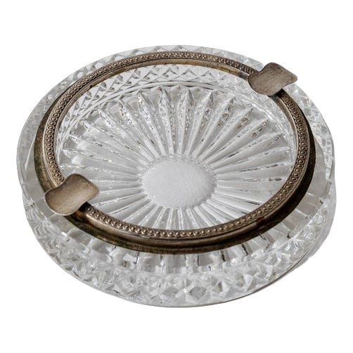 Art Deco Textured Crystal Ashtray with Silver-Plated Rim, 1920s For Sale