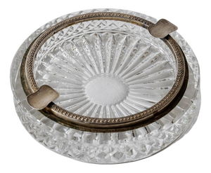 Art Deco Textured Crystal Ashtray with Silver-Plated Rim, 1920s