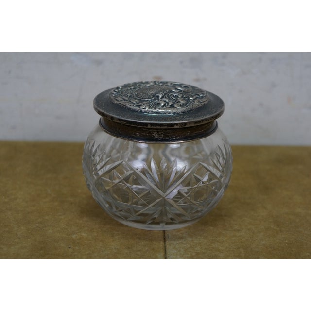 Antique Simpson Hall Miller Sterling Silver Lidded Cut Crystal Vanity Jar Pot 4" For Sale - Image 4 of 15