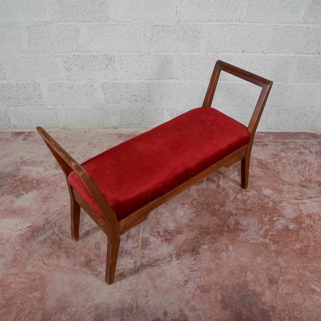 Wood Small Wooden Bench Upholstered in Red Art Deco Velvet, 1940s For Sale - Image 7 of 18