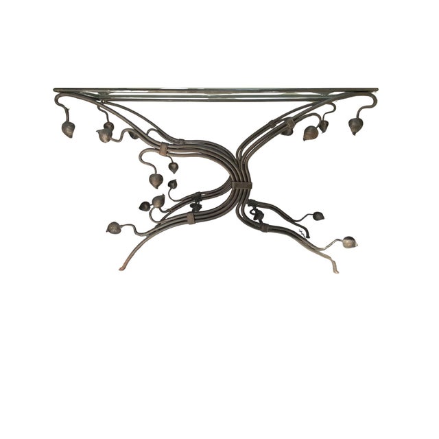 Cisco Brothers Attributed console table with tempered glass top and chocolate brown wrought iron base inspired by Art...