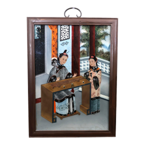 Antique Chinese Qing Dynasty Reverse Glass Painting Scholars Garden Scene