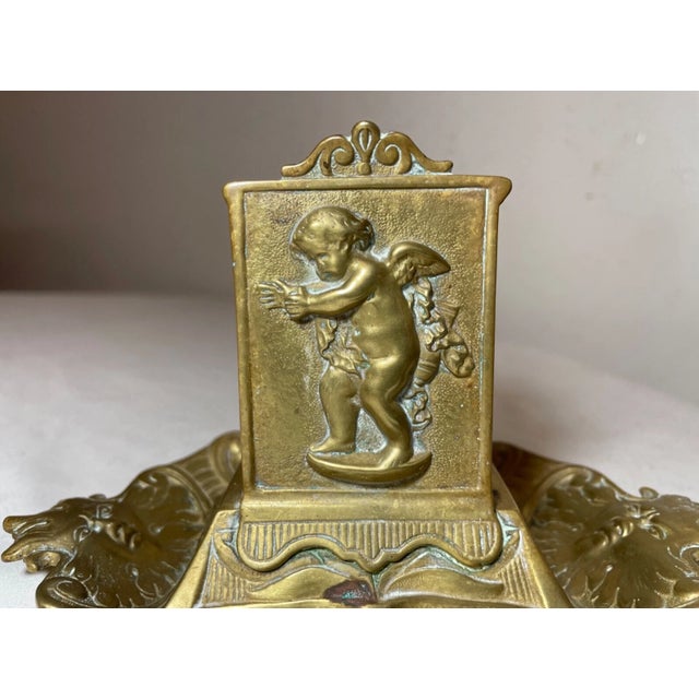 Victorian Antique 1800's Gilt Bronze Smoking Ashtray Cherub Match Safe Holder Stand Brass For Sale - Image 3 of 13