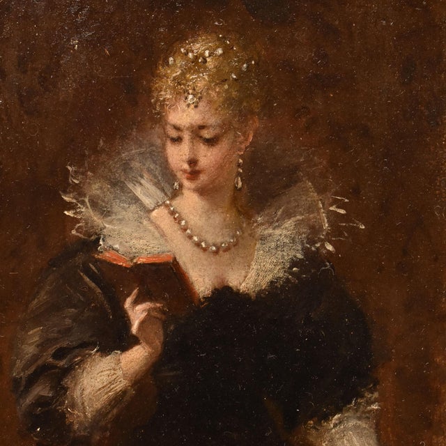 Charles François Pécrus, Portrait of Lady Reading, 1800s, Oil on Wood, Framed For Sale - Image 4 of 11