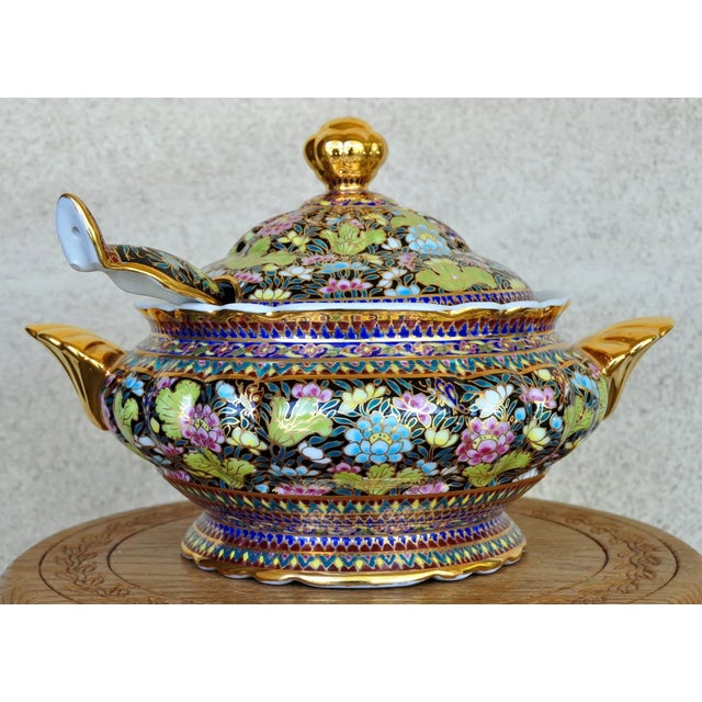 Thai Benjarong Porcelain Soup Tureen & Ladle Set With Hand-Painted Floral Decorations For Sale - Image 13 of 13