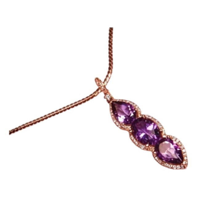 Late 20th Century 14K Rose Pink Gold Amethyst Diamond Drop Pendant Necklace Estate For Sale