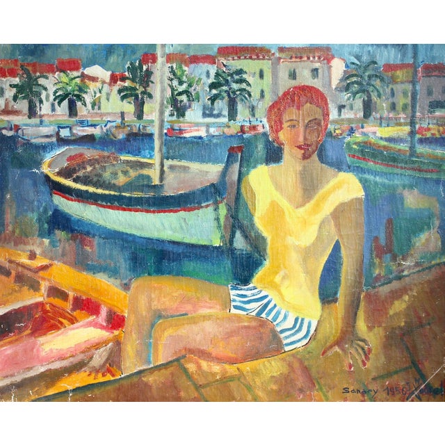 Jeaune femme au port de sanary' (young woman in the port of sanary), oil on canvas, french school (1956). This large,...