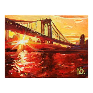 "Sunset Over Brooklyn Bridge" Original Expressionist Cityscape Acrylic Painting by Natalia Bessonova For Sale