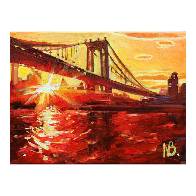 "Sunset Over Brooklyn Bridge" Original Expressionist Cityscape Acrylic Painting by Natalia Bessonova For Sale