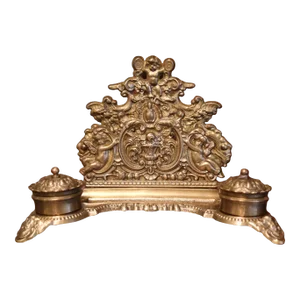 19th Century Belgium Louis XV Rococo Repousse Brass Inkwell With Letter Holder