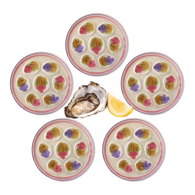 Set of five 1970s hand-painted oyster plates by Pornic MBFA Ninon. Crafted for both function and charm, each plate holds...
