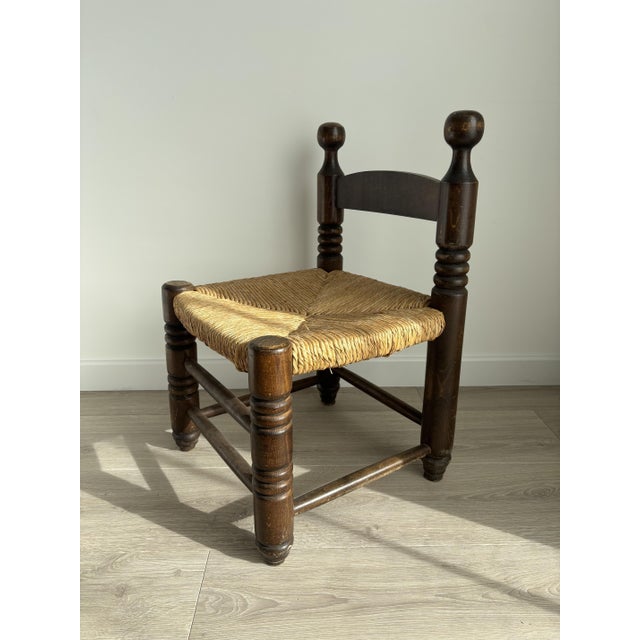 Vintage Low Wood Fireplace Chair with Straw Seat in the style of Charles Dudouyt, 1940s For Sale - Image 6 of 10