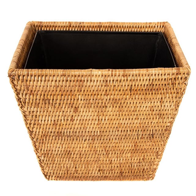 Wood Artifacts Rattan Rectangular Tapered Waste Basket with Metal Liner in Honey Brown - 11" For Sale - Image 7 of 7