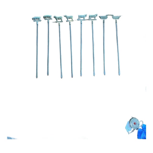 Vintage Mid-Century Brass Farm Animal Finial BBQ Shish Kebab Skewers Set of 8 For Sale