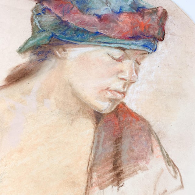 French Vintage Portrait in Pastel Woman in Headdress Painting French Look Judy Horowitz For Sale - Image 3 of 10