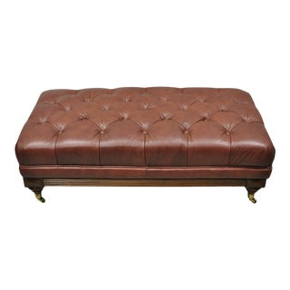 Ethan Allen Brown Leather Button Tufted Chesterfield 48" Ottoman Bench on Wheels For Sale