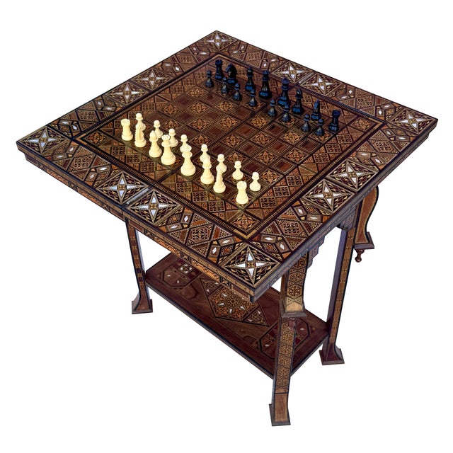 Wood 1990s Handcrafted Marquetry Inlaid Multi-Game Table With Chess & Backgammon For Sale - Image 7 of 10