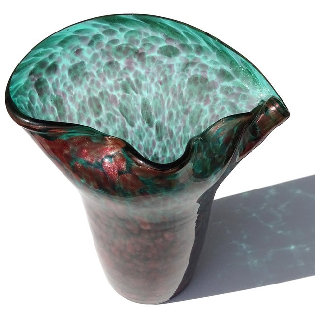 Beautiful and unusual, large vintage Murano hand blown amethyst spots over green, and aventurine flecks Italian art glass...