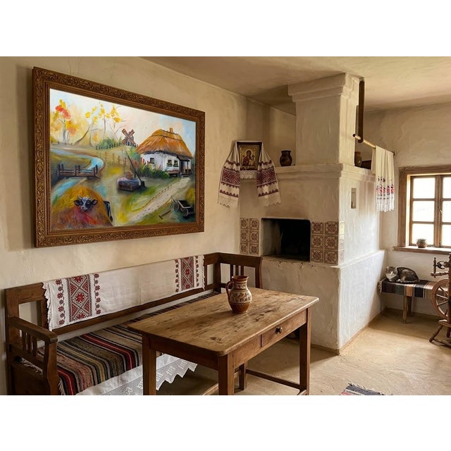 Ukrainian Village Landscape – Peaceful Hut, Cow by Haystack, Mill in Distance – Oil Painting Description: A soulful oil...