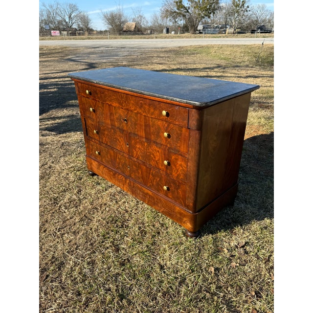 French Country 19th Century Louis Philippe Flam Mahogany Marble Top Chest of Drawer / Commodes For Sale - Image 3 of 12