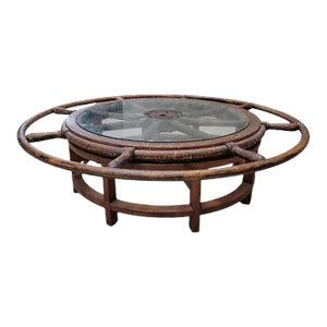 Antique Nautical Ships Wheel Custom Glass Top Coffee Table