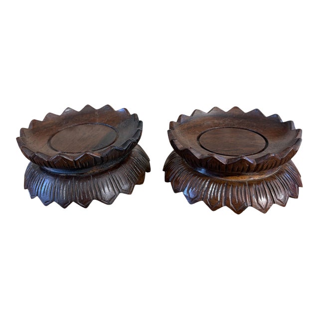 Pair of Vintage Chinoiserie Solid Stands Wood in the Graceful Lotus Flower Form 4.5" D For Sale