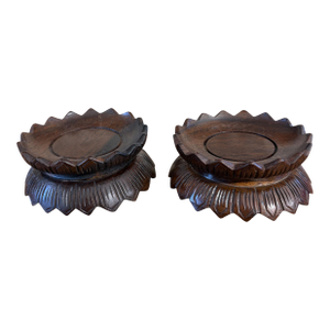 Pair of Vintage Chinoiserie Solid Stands Wood in the Graceful Lotus Flower Form 4.5" D
