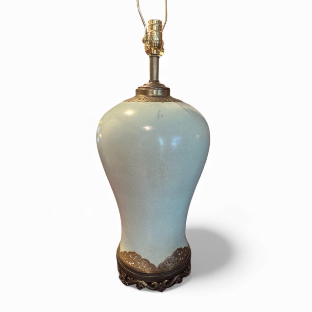 Celadon Pair Chinoiserie Porcelain Celadon Green Ceramic Temple Jar Table Lamps. For Sale - Image 8 of 14