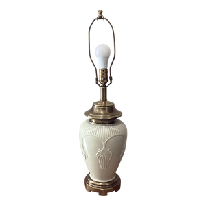 Vintage Large Ivory Porcelain Embossed Leaf Design & Brass Lamp Footed Base by Ethan Allen